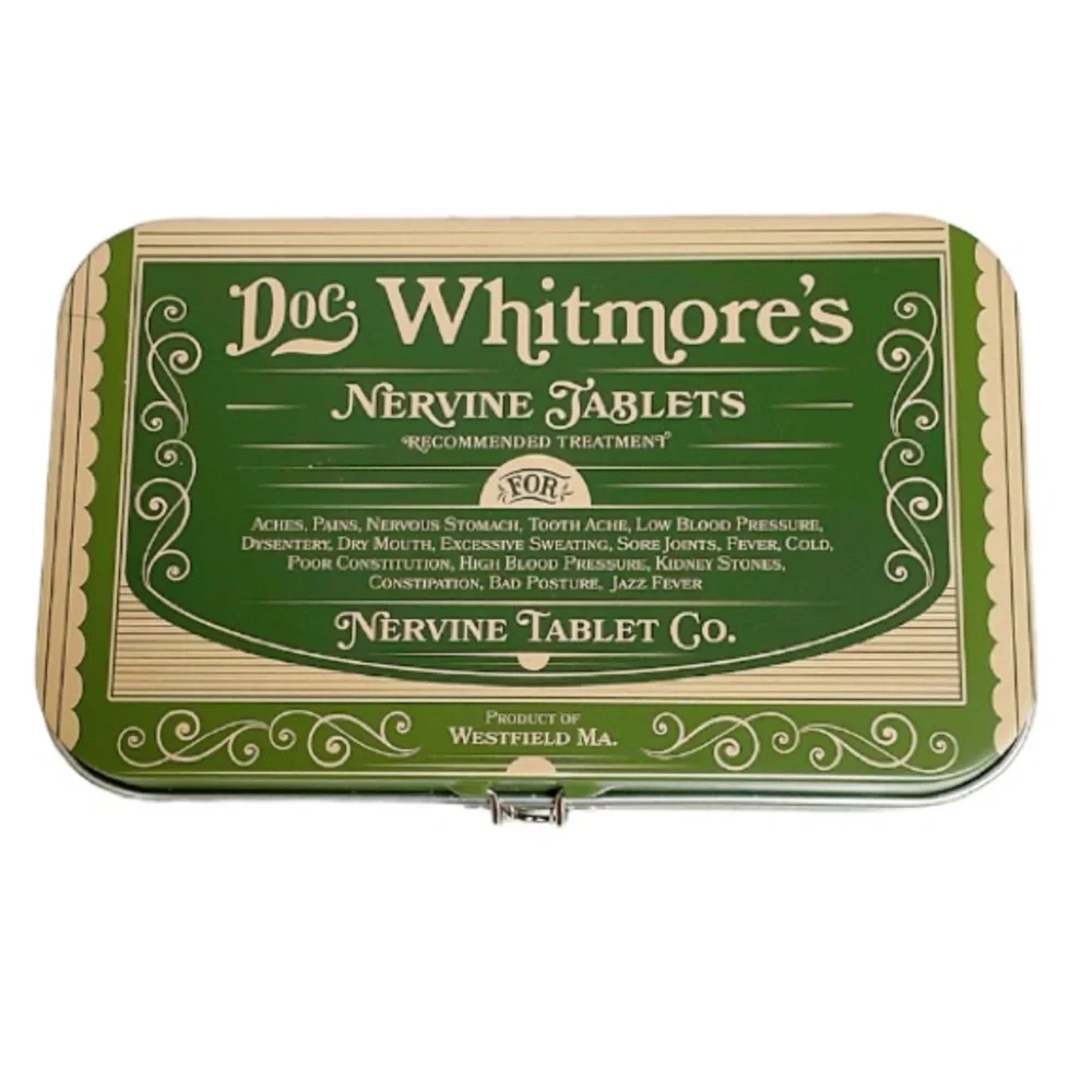 Vintage-inspired Doc Whitmore’s nervine tablets metal trinket tin